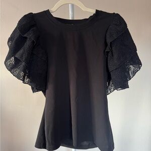Gracia Black Lace Ruffle Short Sleeve Top - M